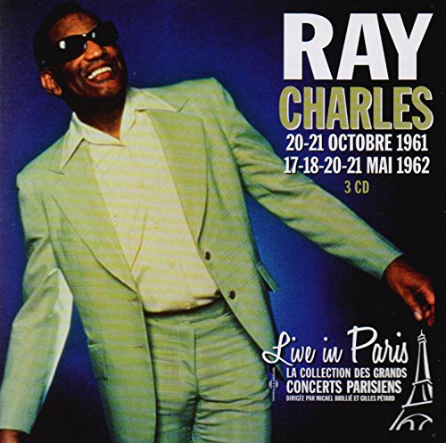 Ray Charles in a green suit on a blue background, with text and Eiffel Tower icon.