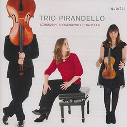 "Trio Pirandello CD cover featuring three musicians with violins and piano."