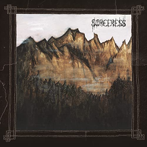 Sorceress album cover: mountains and dark forest in a square frame.