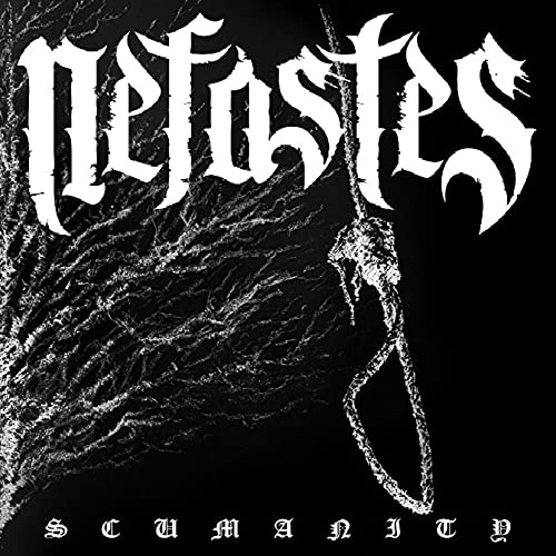Black album cover for Nefastes’ “Scumanity” with skeletal imagery.