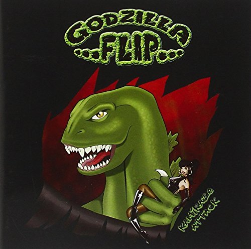 CD cover featuring a cartoon Godzilla with a woman, titled Godzilla Flip Kamikaze Attack.