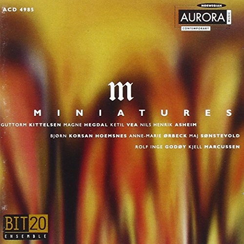 "CD cover with blurred abstract background, white text 'miniatures', and logos."