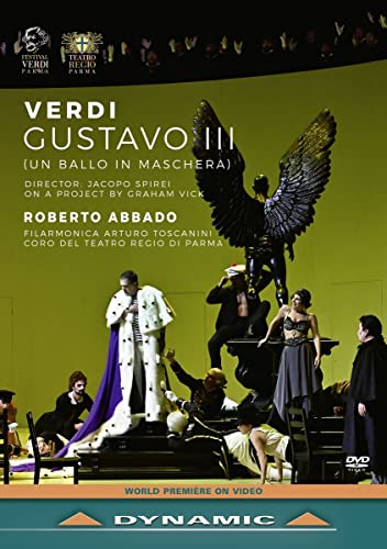 DVD cover for Verdi’s “Gustavo III” opera, featuring stage performers.