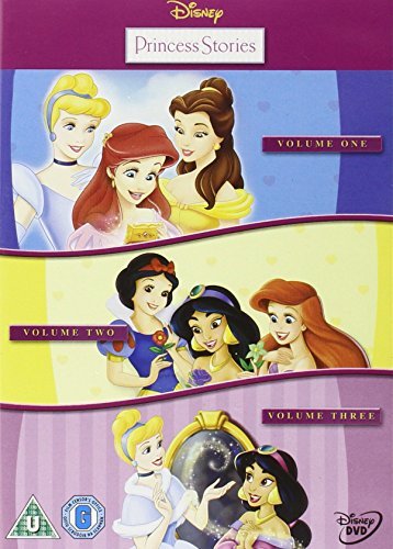 "Disney Princess Stories DVD cover featuring cartoon princesses in three sections, labeled Volume One, Two, and Three."