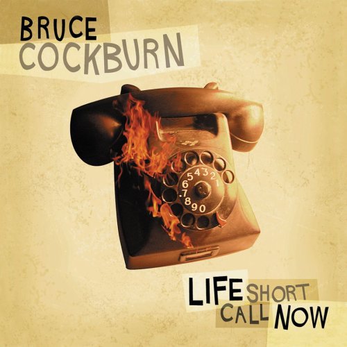 Bruce Cockburn album cover featuring a vintage rotary phone engulfed in flames on beige background.