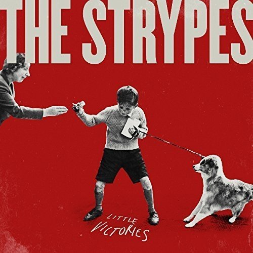 Red album cover featuring a boy, dog, and adult with a leash.
