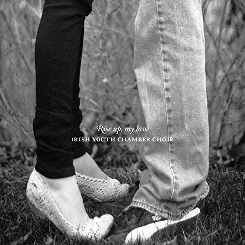Black and white image of couple's feet, with superimposed text "Rise up, my love" and choir name.