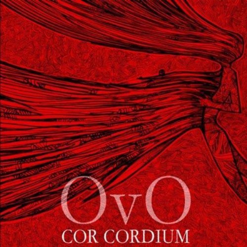 Red abstract album cover with white text "OvO" and "COR CORDIUM" on textured background.