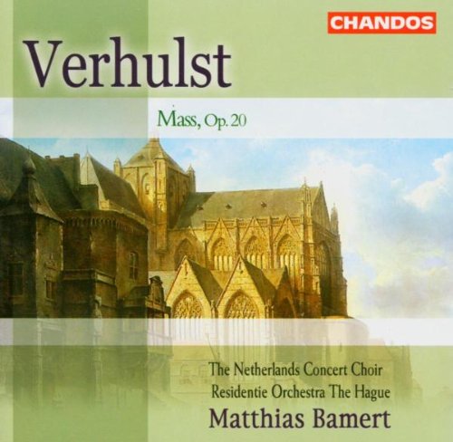 "CD cover featuring a gothic church and text 'Verhulst Mass, Op. 20'."