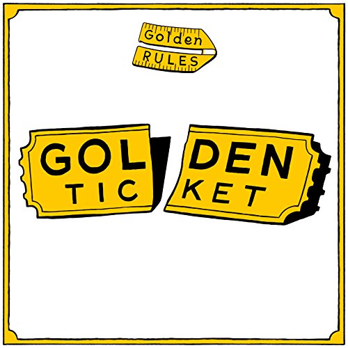 The image depicts a white background with a thin gold border and illustrations of golden tickets.