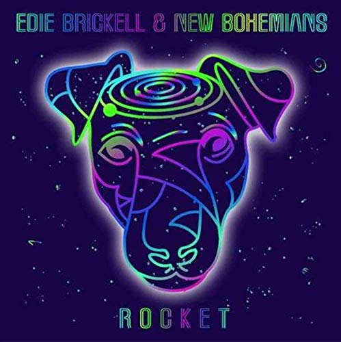 "Vinyl album cover with neon dog illustration on dark blue background with stars."