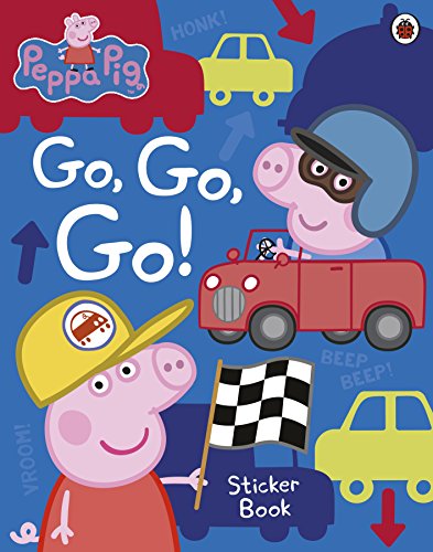 "Peppa Pig sticker book cover featuring cartoon pig characters and vehicles on a blue background."