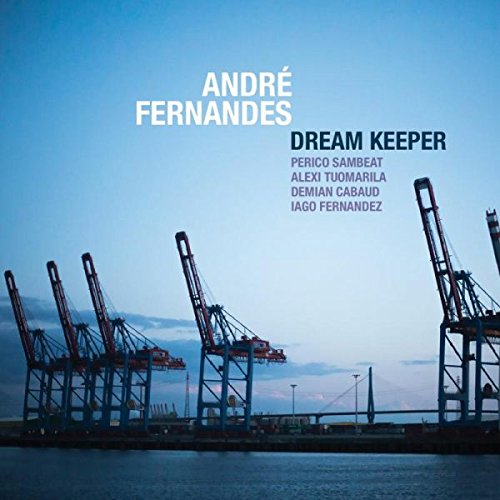 "Album cover featuring industrial cranes by a body of water at dusk."