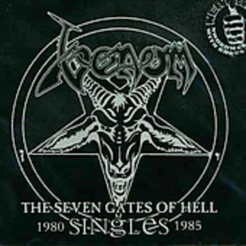 "Black album cover with white goat skull and 'Venom' logo, text 'The Seven Gates of Hell'."