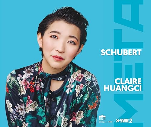 CD cover featuring portrait of Claire Huangci, a pianist, with blue background.