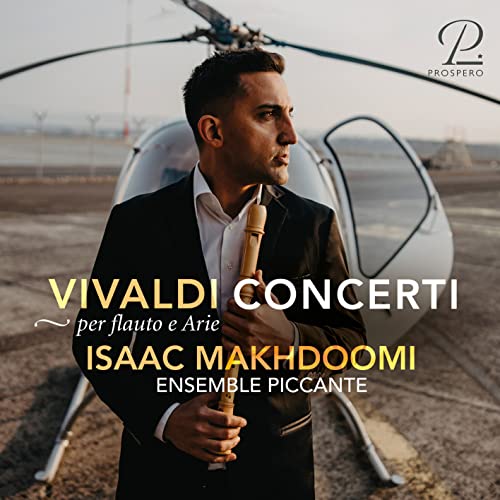 Man holding a flute, with a helicopter in the background.