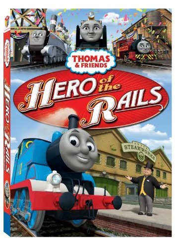 Thomas the Tank Engine and the Fat Controller in front of the Sodor Steamworks.