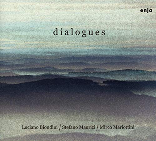 The image is a CD cover with a watercolor landscape and text. Alt text: Watercolor CD cover with hills, sky, and text "dialogues" and artist names.