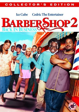 DVD cover for "Barbershop 2: Back in Business" featuring a group of people outside a barbershop.