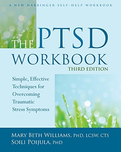 "Book cover of 'The PTSD Workbook, 3rd Edition' with blue and green design."