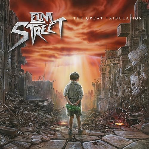 CD cover: boy stands amidst rubble in a post-apocalyptic cityscape.