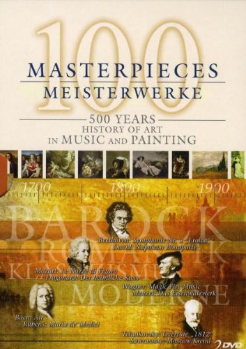 DVD cover with "100 Masterpieces" title, featuring timeline of art and composers' portraits.