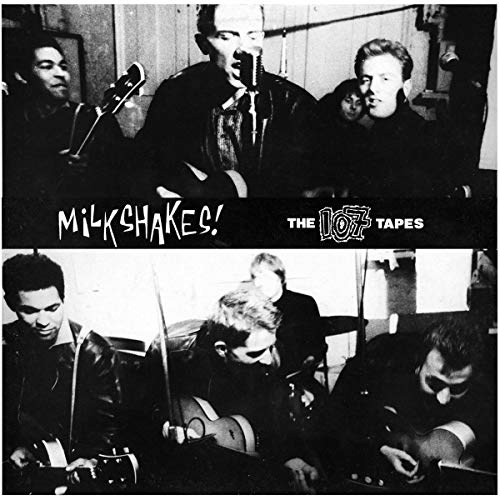Black and white photo of a band performing, album cover for Milkshakes.