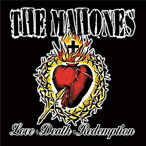 "Album cover with flaming heart and cross on a black background."