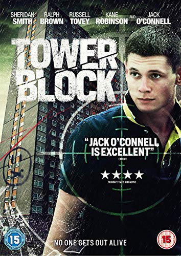 DVD cover for "Tower Block" featuring a young man and a high-rise building.