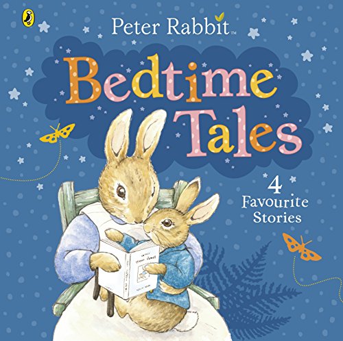 "Children's book cover featuring Peter Rabbit reading to a younger rabbit in bed."