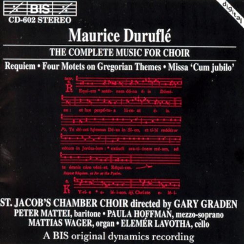 "Black CD cover with white text and red musical notes, featuring 'Maurice Duruflé'."