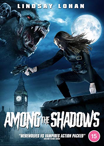 DVD cover for "Among The Shadows" featuring a werewolf, woman with a gun, and Big Ben.