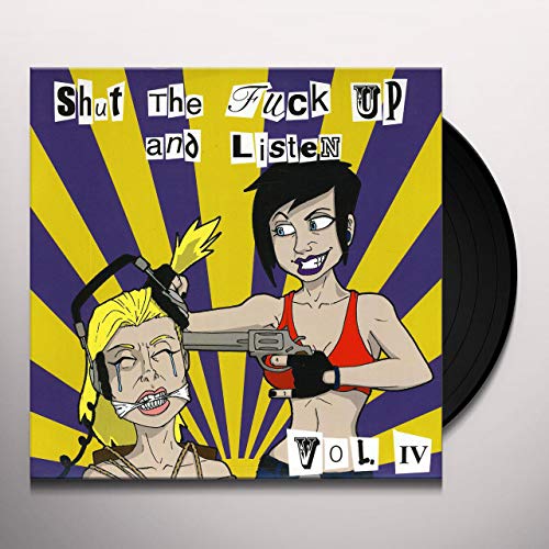 Record cover with cartoon illustration of two distressed women and headphones.