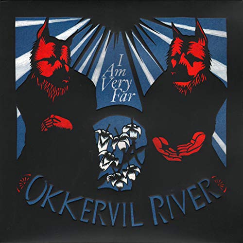 Album cover for Okkervil River’s “I Am Very Far” featuring red wolf figures.