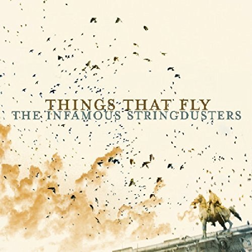 Album cover with birds flying, a horse, and rider on a rooftop.