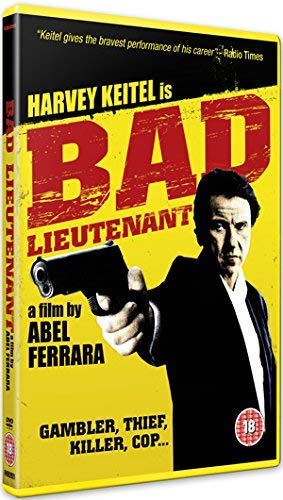 "Yellow DVD case for 'Bad Lieutenant' with Harvey Keitel holding a gun."