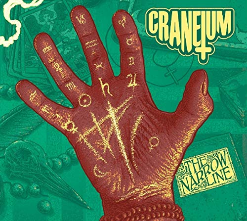 Red hand with golden symbols and text, “Craneium – The Narrow Line.”