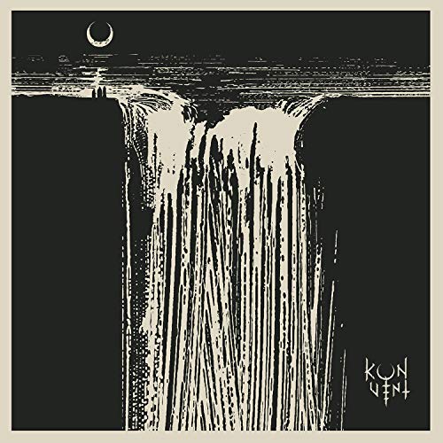 Black and white album cover depicting a waterfall and crescent moon.
