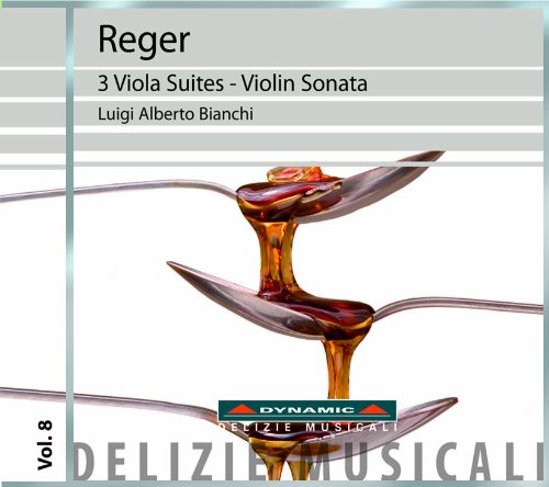 CD cover for Reger’s viola suites and violin sonata, featuring abstract art.