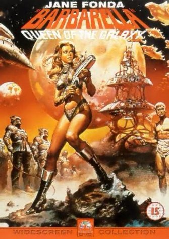 Jane Fonda as Barbarella on DVD cover, sci-fi scene, futuristic weapons.