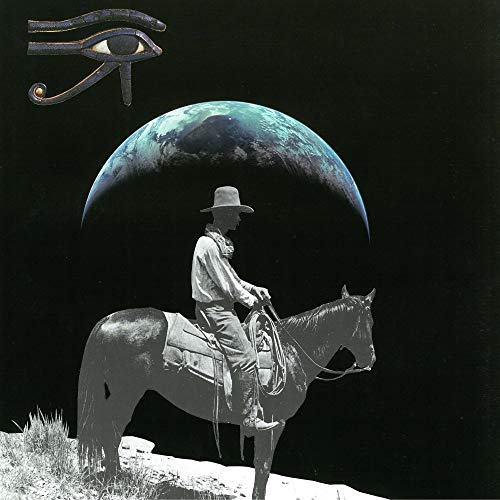 "Vinyl cover art: cowboy on horseback with Earth in the background."