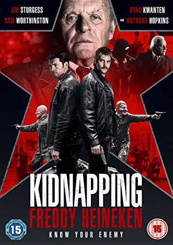 DVD cover for "Kidnapping Freddy Heineken" featuring actors and tense imagery.