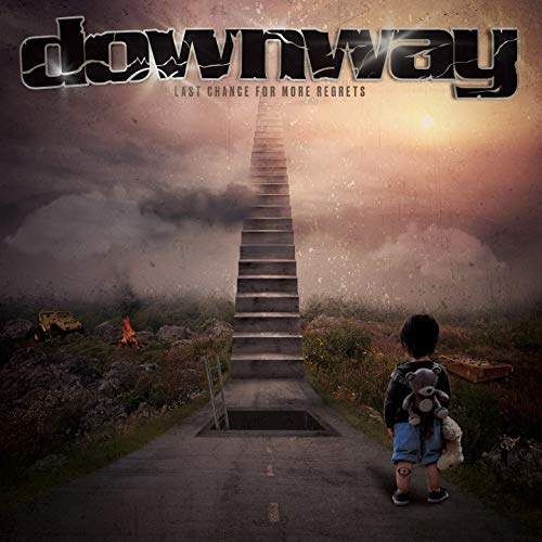 Boy with teddy bear stands before a long, ascending staircase.