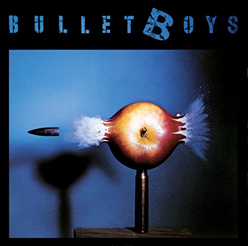 A bullet passing through an apple against a blue background with Bulletboys text above.
