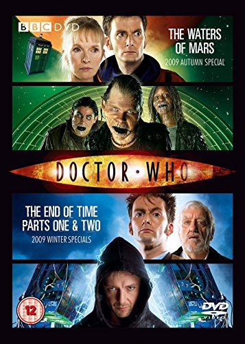 "Doctor Who DVD cover featuring multiple characters and episodes, with a black background."