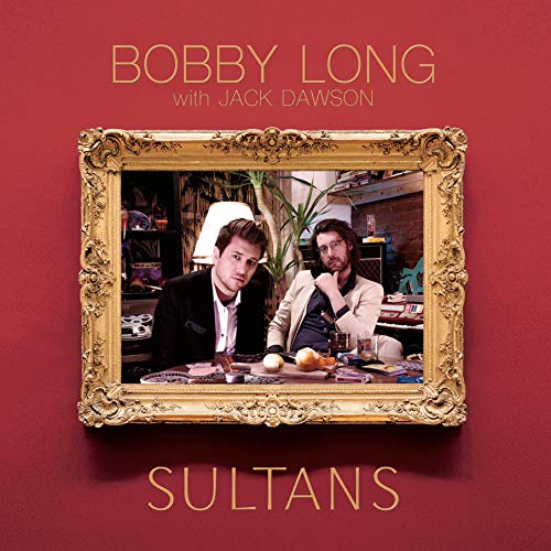 "Album cover featuring two men at a table, framed in gold on red background."