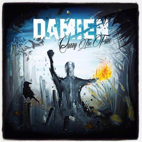 "Album cover art: Damien - Carry The Fire, with a man holding a flaming shield."
