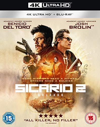 Sicario 2: Soldado Blu-ray cover featuring Benicio del Toro and Josh Brolin.