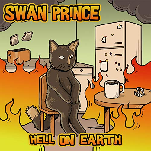 Cartoon album cover: black cat sits in a burning kitchen scene.
