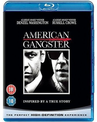 Blu-ray cover for "American Gangster" featuring Denzel Washington and Russell Crowe.